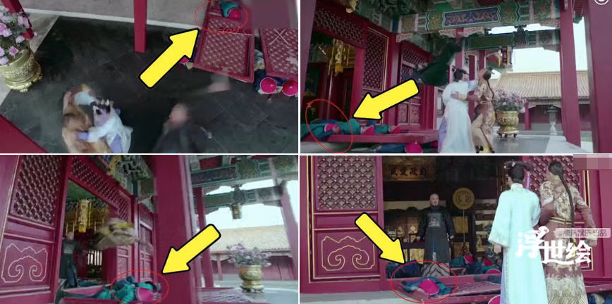 Cảnh phim này gây chú ý bởi anh chàng thị vệ nằm sõng soài trên mặt đất bất tỉnh nhưng có vẻ như tay quá mỏi nên bốn cảnh quay là 4 lần cánh tay của thị vệ này thay đổi vị trí.