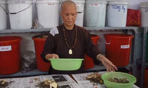 Sư cô Thích Nữ Diệu Thiện tình nguyện theo học y học cổ truyền khám bệnh miễn phí cho người nghèo.