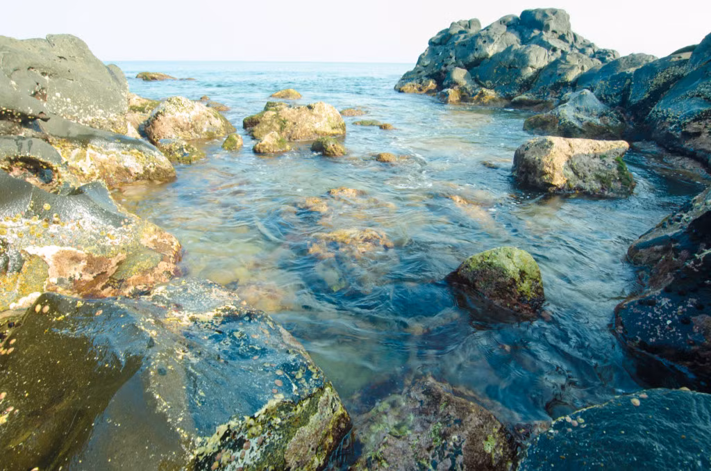 Nổi bật giữa màu đen của đá là làn nước trong và xanh mát lạnh. Nhưng bãi biển cát trắng không có trên đảo, nên nếu tới đây, bạn sẽ không thấy các bãi tắm như các khu du lịch đảo như Cô Tô, Lý Sơn.