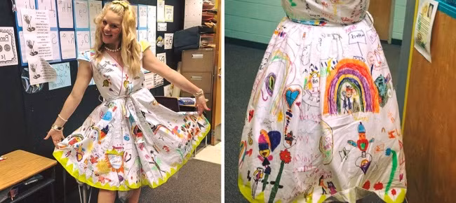 Cô giáo mầm non này cho phép các em học sinh vẽ lên váy của mình khi kết thúc một năm học.