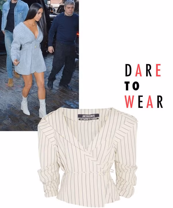 4. Áo khoe vai: Kim đang diện xu hướng hot nhất hè năm nay, đó là kiểu áo V giúp lộ vai hết cỡ để tăng vẻ cá tính, gợi cảm. Bạn có thể kết hợp cùng kiểu jumpsuit hoặc họa tiết kẻ để tạo cảm giác cao ráo hơn.