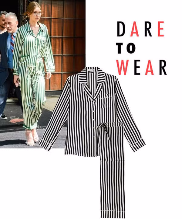 6. Sọc kẻ: Gigi Hadid chọn bộ trang phục có thiết kế như đồ ngủ mang sọc kẻ của Morgan Lane khi xuống phố. Năm nay, sọc kẻ thịnh hành nhất ở các kiểu sơ mi, váy và quần âu.