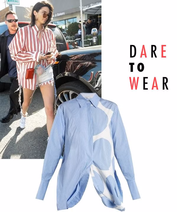 11. Sơ mi oversized: Kendall Jenner cập nhật xu hướng sơ mi kẻ nam tính kết hợp quần shorts khỏe khoắn. Đặc biệt năm nay, các mẫu sơ mi họa tiết kẻ lên ngôi thay cho sơ mi trắng.
