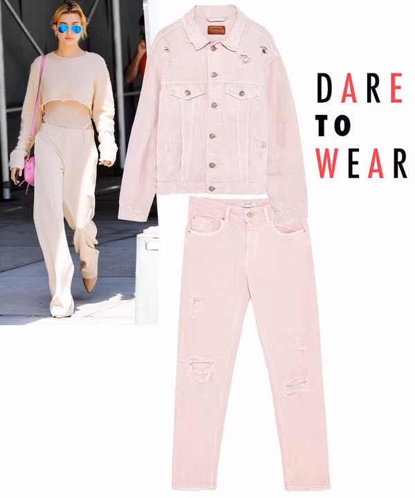 12. Hồng baby: Hailey Baldwin diện tông màu hot nhất năm nay là màu hồng phớt đáng yêu. Bộ trang phục sẽ đẹp hơn nếu kết hợp cả cây trang phục và phụ kiện.