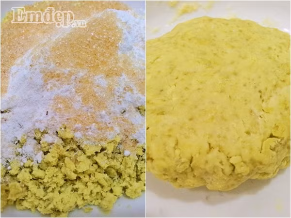 Bước 5: Cho vào khoai 100 gr bột nếp + 50 gr đường, đảo đều rồi nhào thành một khối bột mịn.