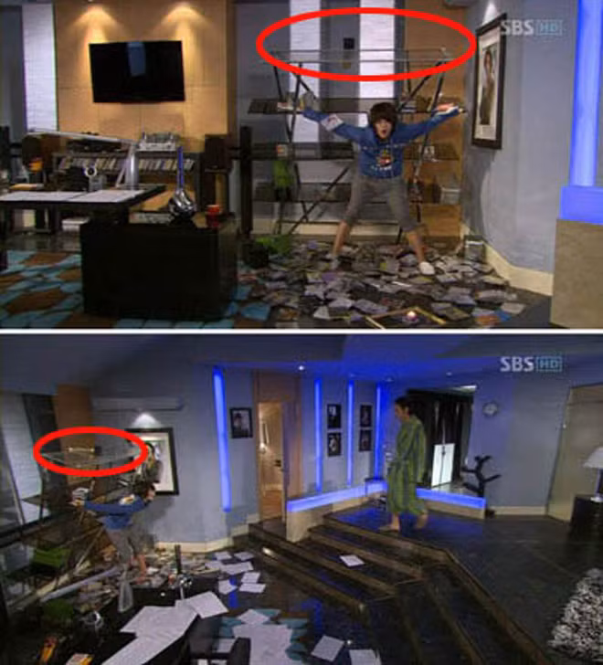 Lỗi sai thường gặp trong phim Hàn là khâu xử lý chưa triệt để các vật dụng xuất hiện trong cảnh quay gây nên sự khác biệt chỉ trong cùng một đúp quay.