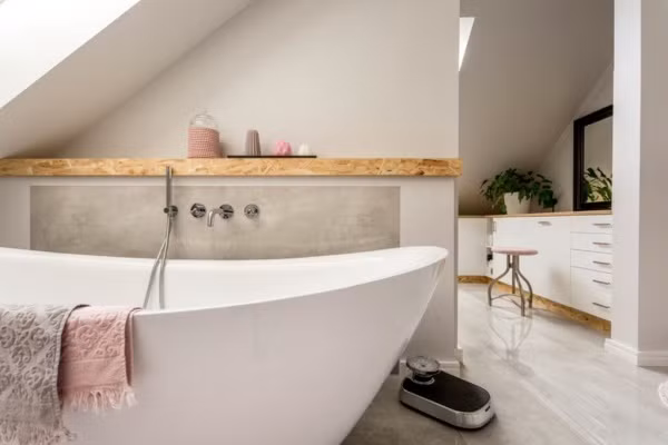 Phòng tắm của gia đình bạn dù nhỏ đến mấy, nếu yêu thích việc đặt bồn tắm bạn vẫn nên mạnh dạn chọn lựa loại có kích cỡ phù hợp. Bồn tắm sẽ trở thành điểm nhấn cho không gian khi được kết hợp khéo léo với gam màu be pha hồng cho tường.