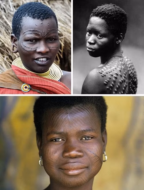 1. Sẹo lồi - Tây Phi, New Guinea Người dân New Guinea và nhiều quốc gia khác ở châu Phi vẫn trang trí cơ thể họ bằng những vết sẹo lồi tạo thành hoa văn. Nam giới được tạo sẹo trong buổi lễ trưởng thành, trong khi đó phụ nữ có sẹo được coi là biểu tượng sắc đẹp.