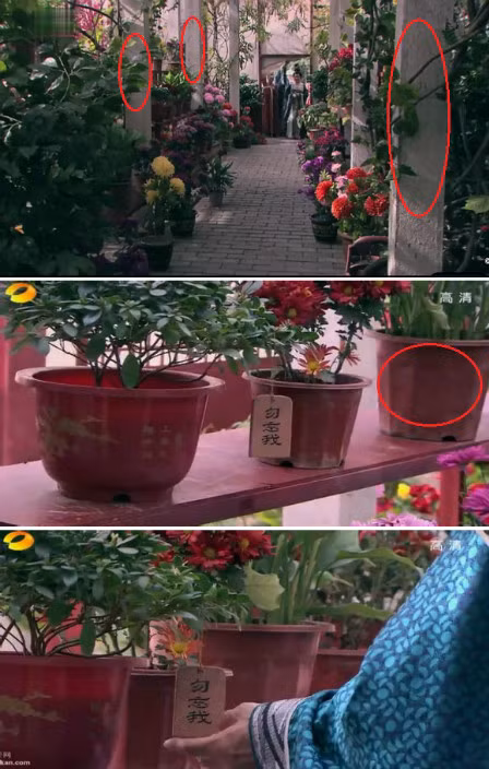 Cảnh trong phim cổ trang Trung Quốc Tùy Đường anh hùng bị người xem phát hiện lỗi sai về đạo cụ: đường ống dẫn nước tưới cây và chậu cảnh bằng nhựa.