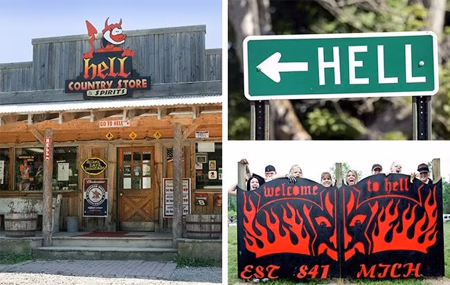 10. Thị trấn địa ngục Bang Michigan ở Mỹ là nơi bạn có thể tìm thấy thị trấn Hell (Địa ngục). Nguồn gốc của tên này chưa được làm rõ, nhưng người dân tại đây hài lòng với hình ảnh tại nơi họ sống. Du khách thường háo hức chụp ảnh với tấm biển "Welcome to Hell" tại lối vào thị trấn và đồ lưu niệm ở đây được bán rất chạy.