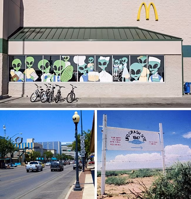 4. Thị trấn người ngoài hành tinh Vào năm 1947, một UFO được cho là đã rơi xuống thị trấn Roswell, bang New Mexico, Mỹ. Đây vẫn là một chủ đề gây tranh cãi, nhưng thị trấn này hiện được biết đến là thành phố người ngoài hành tinh. Nơi đây tổ chức các lễ hội theo phong cách ngoài hành tinh.