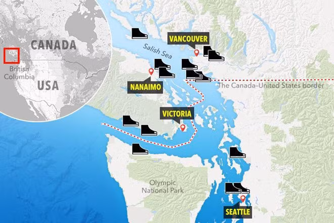 Vị trí những chiếc giày xuất hiện trên bờ biển Canada và Mỹ. Đồ họa: The Sun.