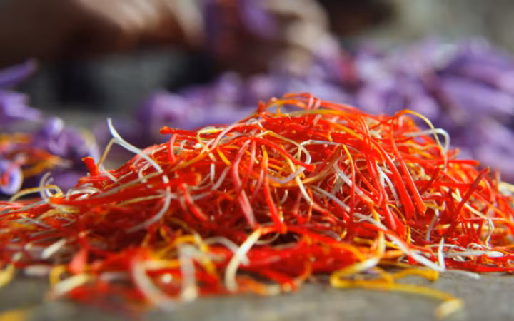 Sợi nghệ tây: Loại thực phẩm đắt tiền này được lấy từ nhụy hoa của cây nghệ tây vì vậy đòi hỏi sự tỉ mỉ cao độ. Mỗi bông nghệ tây chỉ nở trong một tuần mỗi năm, và một bông chỉ có khoảng 3 nhụy. Do vậy , sợi nghệ tây có giá rất đắt đỏ, vào khoảng 4.400 - 22.000 USD/kg. (Ảnh: Zing)