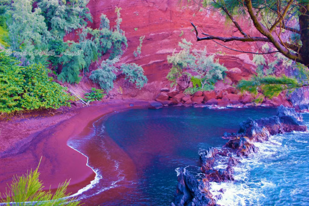 Bãi biển có cát màu đỏ Kaihalulu: Bãi biển Kaihalulu ở Hana, Hawaii là một trong những bãi biển có cát màu đỏ. Ngược lại với nước biển xanh, vách đá màu đen và các cây rừng có màu xanh lá cây, dải cát giàu sắt mang một màu đỏ tuyệt đẹp. Kaihalulu khá cô lập do con đường đi lên ngắn, dốc, hẹp và trơn trượt gây khó khăn cho người muốn tiếp cận. Ảnh: Raisingtriplets-almost.