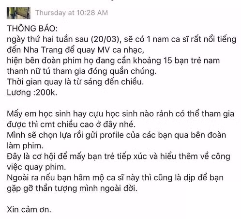 Diễn viên quần chúng trong MV Bình yên những phút giây được nhận thù lao 200 ngàn/ngày.