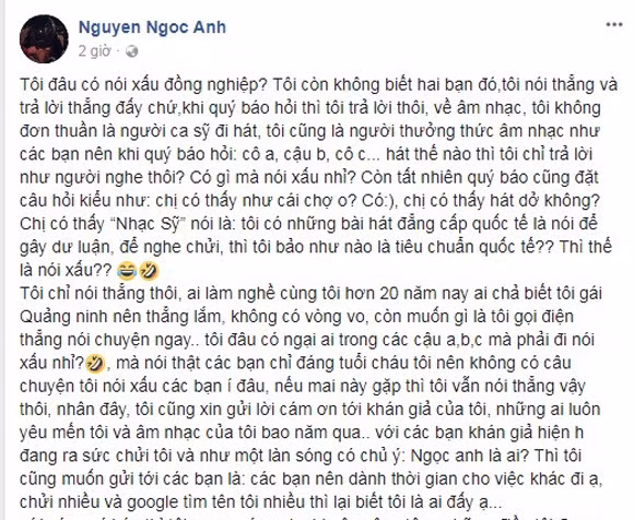 Ca sĩ Ngọc Anh khẳng định cô chỉ nói thẳng thắn chứ không phải là nói xấu đồng nghiệp.