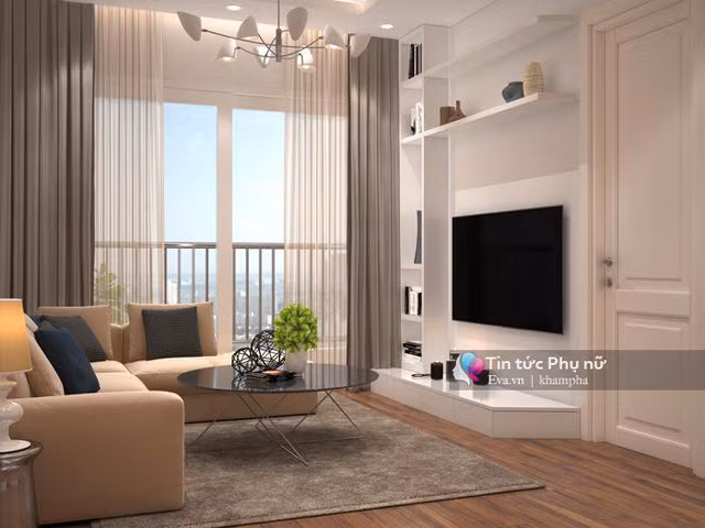 Mẫu thiết kế chung cư 1 có phòng khách liền với ban công với view toàn cảnh rất đẹp. Nhờ đón được ánh sáng tự nhiên, phòng khách sẽ luôn sáng, thoáng mà không cần bật đèn liên tục.