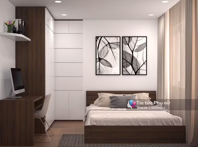 Không gian phòng ngủ của con cái nhỏ hơn nhưng vẫn rất sang trọng và tiện nghi với tông nâu trầm của gỗ, điểm nhấn là bức tranh tường mộc mạc tối giản nhưng cá tính.