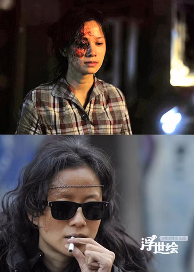 Tạo hình đáng sợ của Nghê Hồng Khiết trong “Lam sắc cốt đầu” 2013. Nữ diễn viên sinh năm 1978 cho biết, cô bị sốc sau khi nhìn thấy gương mặt của mình.