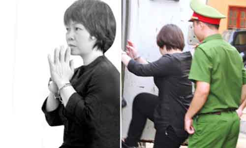 Bị cáo Quỳnh Anh cầu khấn mong được giảm án lúc tòa nghị án (ảnh trái); bị cáo Nguyễn Thị Quỳnh Anh lên xe về trại giam.