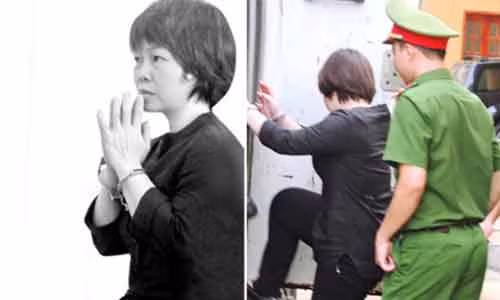 Bị cáo Quỳnh Anh cầu khấn mong được giảm án lúc tòa nghị án (ảnh trái); bị cáo Nguyễn Thị Quỳnh Anh lên xe về trại giam.