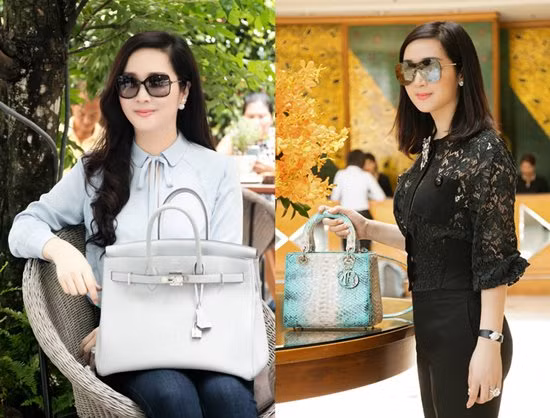 Đi cùng váy áo cao cấp, không thể thiếu những chiếc túi xách đắt đỏ này. Chẳng hạn như chiếc túi Hermes Birkin cỡ lớn giá hơn 200 triệu đồng (bên trái) hay túi Dior da trăn xa xỉ có giá 260 triệu đồng (bên phải).