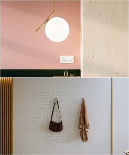 Một bóng đen neon tròn là điểm nhấn cho góc không gian phòng tắm.