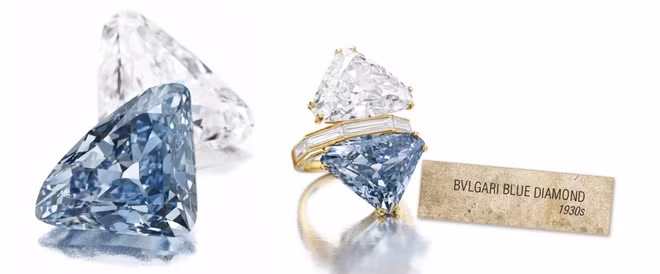 The Bvlgari Blue Đây là một chiếc nhẫn độc đáo khi sử dụng 2 viên kim cương có màu sắc khác nhau, bao gồm một viên kim cương màu xanh và một viên màu trắng gắn trên vòng nhẫn vàng đính kim cương được cắt theo dạng hình chữ nhật dài.