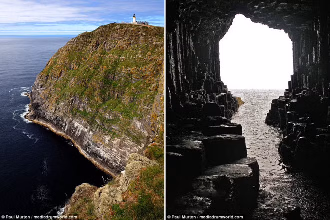 Ngọn hải đăng trên mũi Barra Head (trái) và hang Fingal trên đảo hoang Staffa.