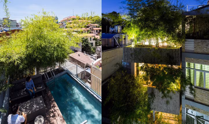 Mặt trước và mặt sau của ngôi nhà chủ yếu là không gian mở, được bao phủ bởi cây xanh giúp điều hoà không khí.