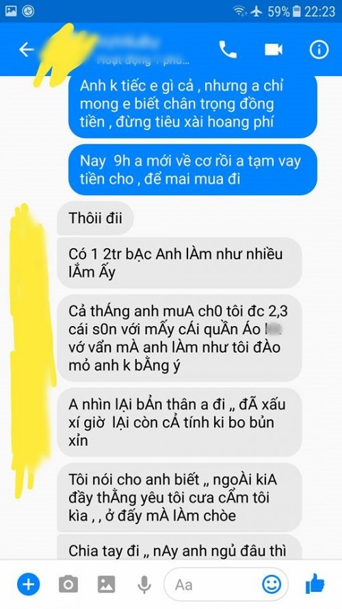 Dòng tin nhắn cô gái trẻ gửi cho bạn trai. Nguyên do, là anh chàng không đáp ứng yêu cầu của bạn gái. Ảnh: NVCC