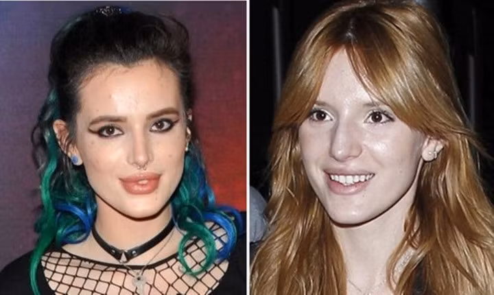 "Lột bỏ" lớp phấn son dày cộm, gương mặt của Bella Thorne lộ rõ "khuyết điểm" là những nốt mụn to cùng đôi môi dày kém đẹp.