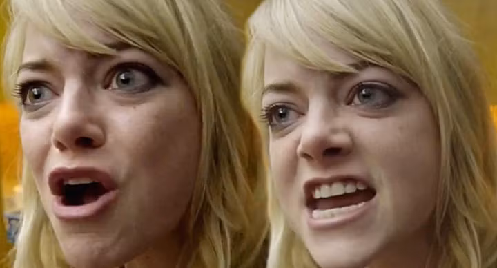 Nhiều người phải thất vọng khi mái tóc vàng óng cùng nước da trắng sáng mịn màng của Emma Stone thực ra chỉ là do trang điểm mà hiệu ứng ánh sáng tác động mà thôi.