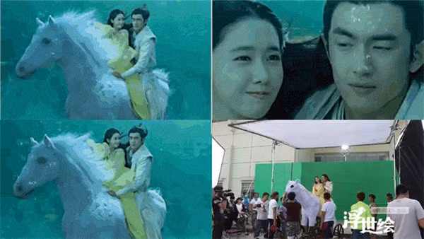 Cảnh cưỡi ngựa dưới nước tưởng đẹp và lãng mạn nhưng thực tế hai diễn viên chỉ việc diễn trên cạn, cùng chú ngựa giấy.