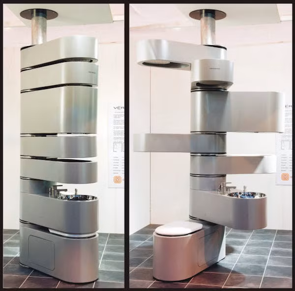 2. Nhà vệ sinh đa năng thẳng đứng Nghe có vẻ hơi lạ, nhưng đây chính là thiết kế phù hợp cho những phòng tắm nhỏ . Thiết bị vệ sinh này là sự kết hợp đa năng giữa bồn cầu (tầng dưới cùng), bồn rửa (tầng 2), ngăn đồ (tầng 3,4), hộp chứa nước (tầng 5) và vòi hoa sen ở tầng 6,7. Bồn cầu ở phía dưới cùng sẽ được cố định, những ngăn còn lại có thể xoay ra nhiều hướng tùy vào nhu cầu của người sử dụng.