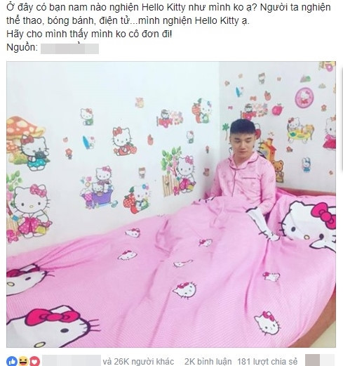 Chàng trai "cuồng" Hello Kitty hiện gây chú ý trên mạng. Ảnh chụp màn hình.