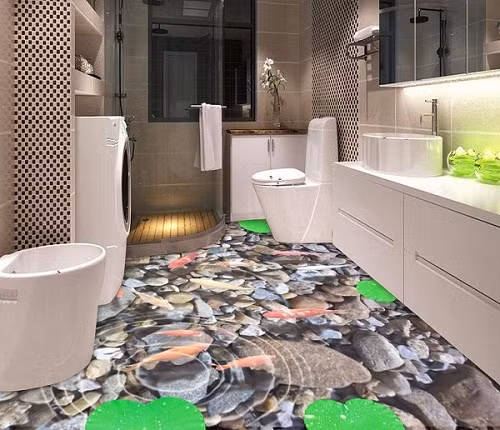 Không gian nhà vệ sinh mất rượi với đàn cá ảo đang bơi lội.