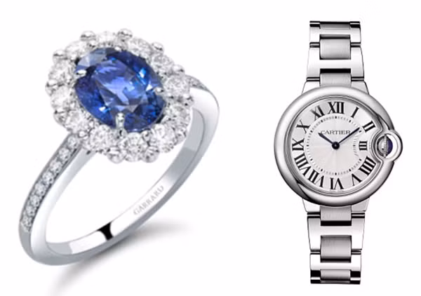 Chiếc nhẫn (trái) của hãng Garrard trị giá 300.000 bảng nếu được làm vào thời điểm hiện tại. Chiếc đồng hồ Ballon Bleu de Cartier đáng giá 4.600 bảng và được cho là quà tặng của Hoàng tử William.