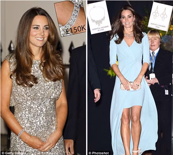 Nữ công tước xứ Cambridge (trái, chụp năm 2013) đeo một chiếc vòng tay trị giá 150.000 bảng được cho là quà tặng của Hoàng tử Charles. Trong ảnh bên phải, cô đeo một sợi dây chuyền Monica Vinader Riva Diamond Bib trị giá 1.950 bảng và đôi khuyên tai Riva Diamond Cluster trị giá 745 bảng tại London vào năm 2014.