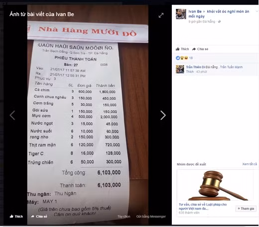 Hoa don tinh tien hon 6 trieu bi to chat chem khach du lich