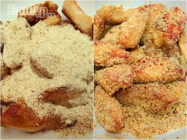 Bước 7: Gắp gà đã chiên ra một tô lớn, cho gạo rang xay nhỏ vào xóc đều.