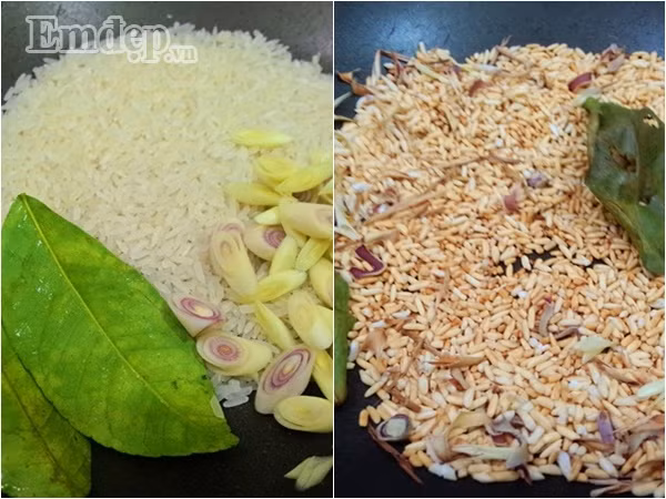 Bước 3: Cho gạo + sả thái vát + 2 lá chanh to vào chảo rang cho chín vàng và bốc ra mùi thơm, sau đó để nguội.