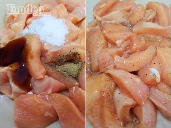 Bước 2: Ướp thịt với 1 thìa cơm đường + 1 thìa cơm dầu hào + 1 thìa cơm nước mắm + 1 thìa cà phê hạt tiêu + 1 thìa cà phê hạt nêm, đảo đều ướp trong vòng 20 phút cho ngấm gia vị.