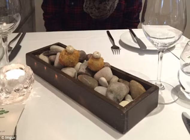 Món Scampi (hải sản) được bày trên đá - sáng tạo nhưng có vẻ không được ngon mắt cho lắm.