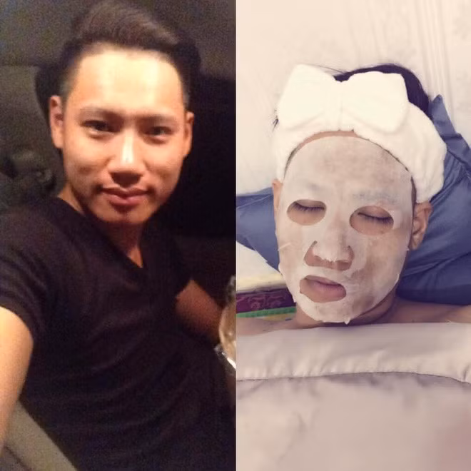 Anh ấy cũng có lúc dễ thương như thế này đây, vất vả quá, đêm hôm trông con bây giờ phải đắp mặt cho đẹp da, mịn màng hơn nữa.