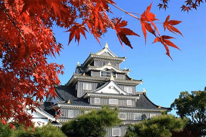 Lâu đài Okayama, Okayama: Lâu đài này được xây dựng năm 1597. Chủ sở hữu của lâu đài đã bị bắt và qua đời chỉ 3 năm sau đó mà không có người thừa kế. Tường của tòa tháp chính Tenshukaku có màu đen nên Okayama còn được gọi là "Lâu đài Quạ đen", tương phản với lâu đài Himeji trắng gần đó. Trong thời hoàng kim, mái nhà chính của lâu đài có gạch mạ vàng và tượng đầu cá vàng. Trong Thế chiến II, tháp chính của lâu đài bị phá hủy. Đến những năm 1960, Okayama đã được tu sửa lại. Hiện nay, lâu đài được trang bị cả điều hòa và thang máy. Ảnh: Japanmagazine.