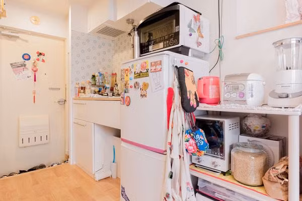 Diện tích căn hộ chỉ vỏn vẹn chưa đến 10m2 nhưng Tsukiji đã khéo léo bố trí từng vị trí đủ chỗ cho nơi tiếp khách, khu vực bếp nấu ăn, giường ngủ và không gian để sinh hoạt, học tập. Tông màu chủ đạo của căn phòng là trắng, với những đồ dùng và vật trang trí nhiều màu sắc trẻ trung, bắt mắt. Ngay khi bước vào, cánh cửa chính đã thu hút người ta bởi decor ấn tượng bằng những sticker xinh xắn và những món quà lưu niệm đáng yêu của Tsukiji từ khi cô còn du học ở Mexico. Cửa phòng tắm cũng được trang trí bằng giấy dán tường họa tiết bắt mắt.