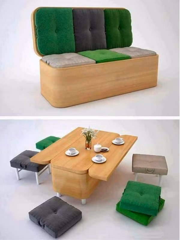 Nội thất thông minh quả thực vừa hữu ích, vừa đỡ tốn diện tích mà vẫn rất đẹp, độc đáo. Gia chủ của những ngôi nhà nhỏ xinh hay những căn hộ chật hẹp nên cân nhắc sử dụng những chiếc bàn đa năng dưới đây để tiết kiệm diện tích cũng như tạo điểm nhấn thú vị cho không gian sống. Bạn có tin không nếu chiếc ghế sofa như hình trên lại có thể hóa thành bộ bàn ghế chỉ trong tích tắc. Chỉ cần nhấc các tấm đệm phía trên, mở ghế ra, vậy là bạn đã có bàn ăn rộng rãi. Phần lưng tựa sẽ trở thành ghế có chân chống để ngồi cao.