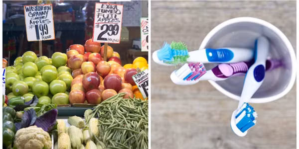 7. Hàng tạp hóa rẻ tiền có số vi khuẩn cao gấp ba lần so với vật đựng bàn chải đánh răng của bạn Các cửa hàng tạp hóa giá rẻ đến nay có số lượng vi khuẩn có hại cao nhất, với 5.666.667 vi khuẩn trên mỗi inch vuông - chúng bẩn hơn gấp ba lần so với ly chứa bàn chải của bạn.