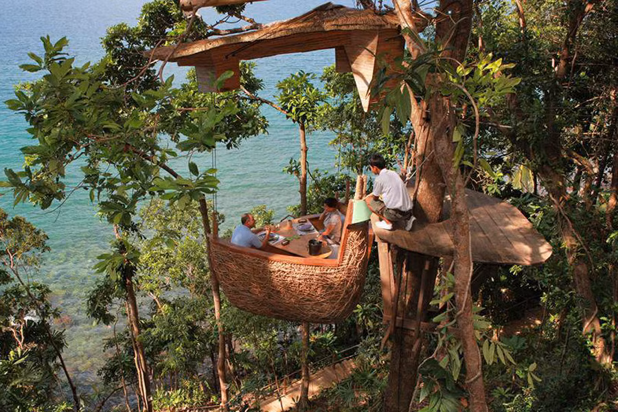 Muốn được dùng bữa ở đây bạn phải bị treo lơ lửng lên một cái cây cao 5m.